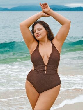 Berlook Dark Coffee Drawstring Plus Size One-Piece Swimsuit